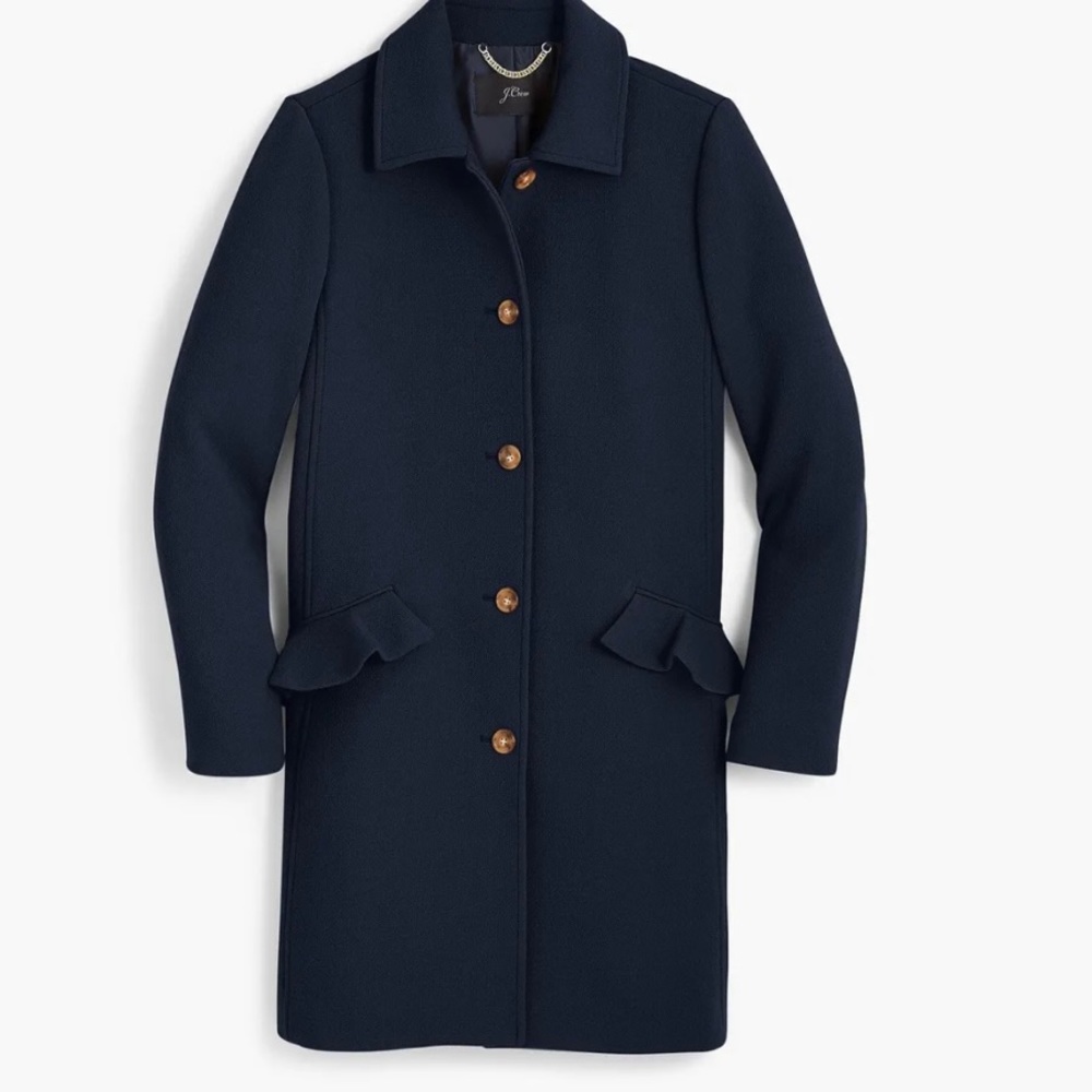 J.Crew Topcoat Italian Double Cloth Wool- Black with Ruffle Pockets- Size 8